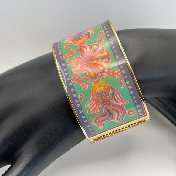 Vintage Lilly Pulitzer Shell and Fish Enamel Cuff Bracelet Signed Designer Clamp - Picture 5 of 10